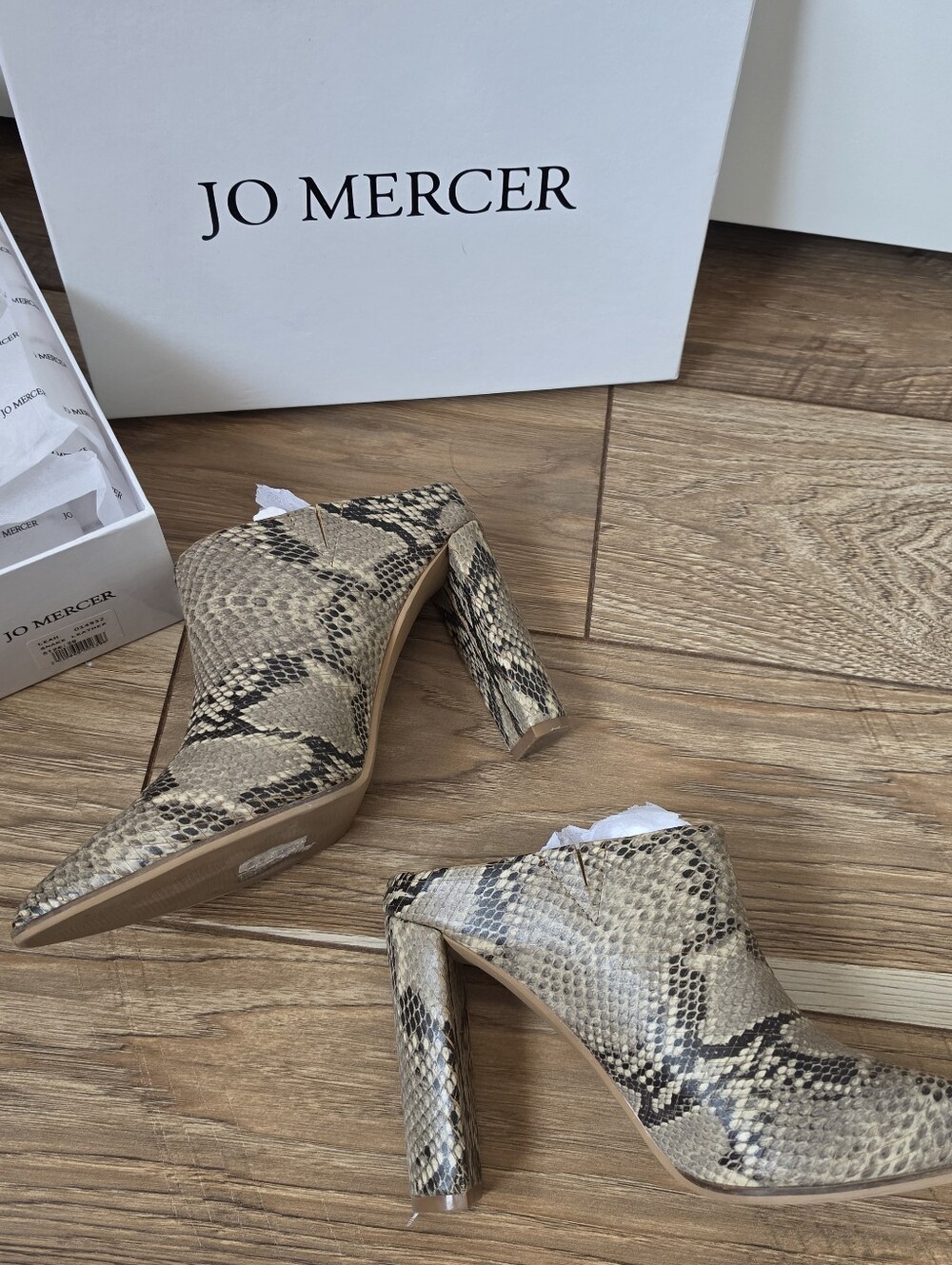 JO MERCER Leather Mule Heels, Snake Animal Print LEAH Shoes Tan Brown - Picture 10 of 11
